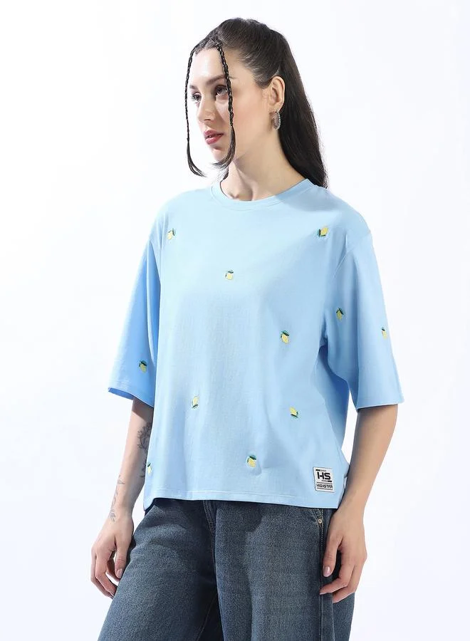 HIGH STAR Women's Blue 100% Cotton Embroidered Oversized T-Shirt