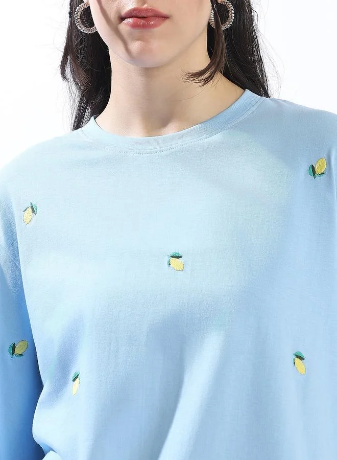 HIGH STAR  Women's Blue 100% Cotton Embroidered Oversized T-Shirt for Women | Best Price UAE