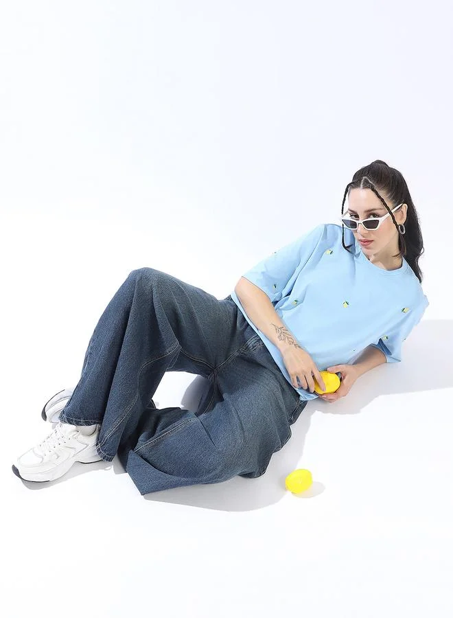 HIGH STAR Women's Blue 100% Cotton Embroidered Oversized T-Shirt