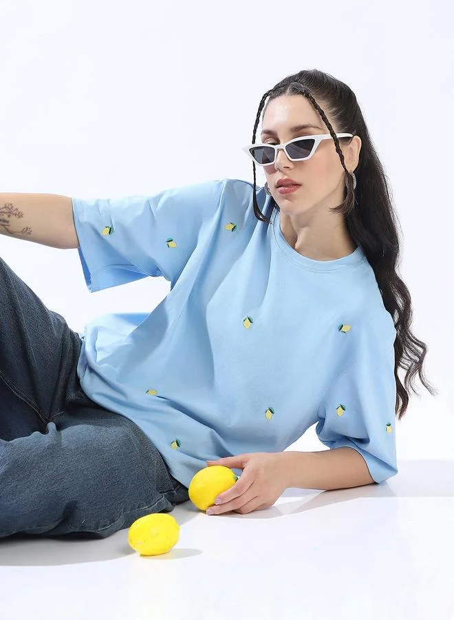 HIGH STAR  Women's Blue 100% Cotton Embroidered Oversized T-Shirt for Women | Best Price UAE