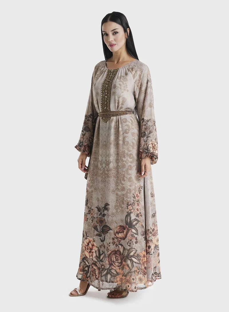 KASHKHA  Brown Floral Printed Chiffon Hand Work Maxi Dress (VDU811) for Women | Best Price UAE