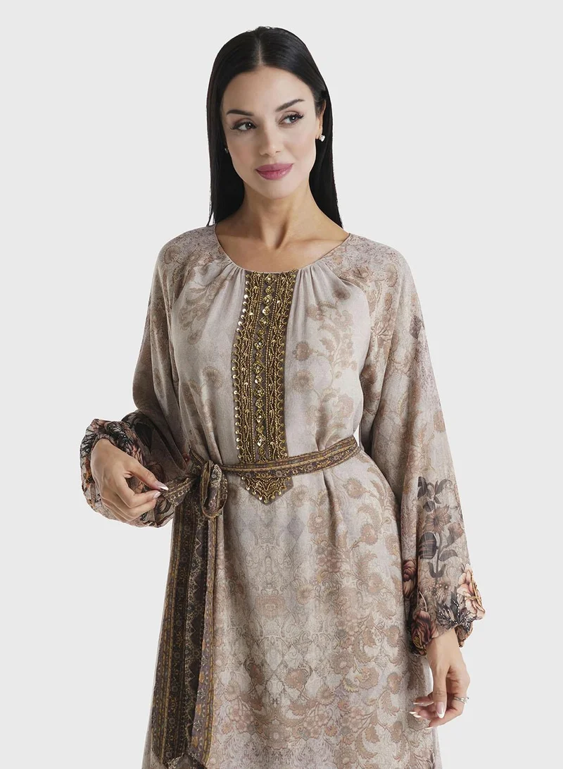 KASHKHA Brown Floral Printed Chiffon Hand Work Maxi Dress (VDU811)