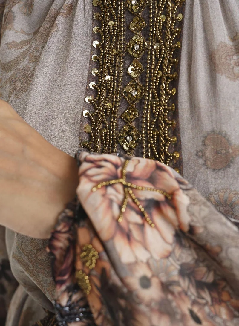 KASHKHA  Brown Floral Printed Chiffon Hand Work Maxi Dress (VDU811) for Women | Best Price UAE