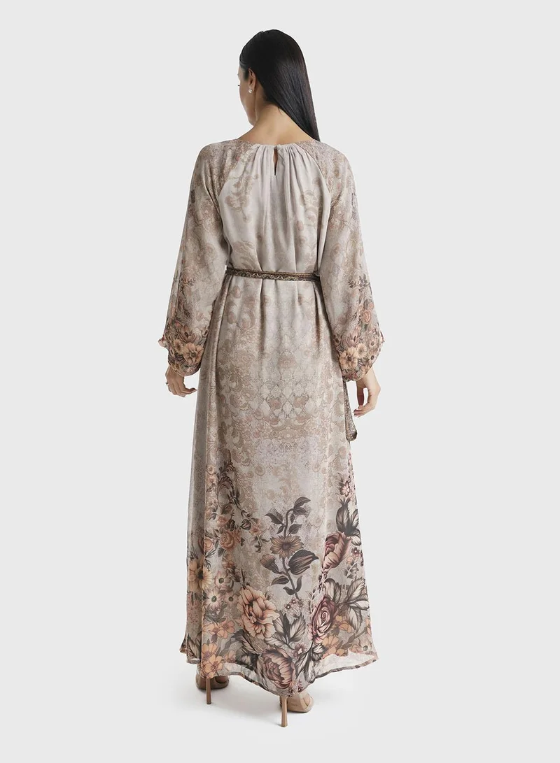 KASHKHA  Brown Floral Printed Chiffon Hand Work Maxi Dress (VDU811) for Women | Best Price UAE