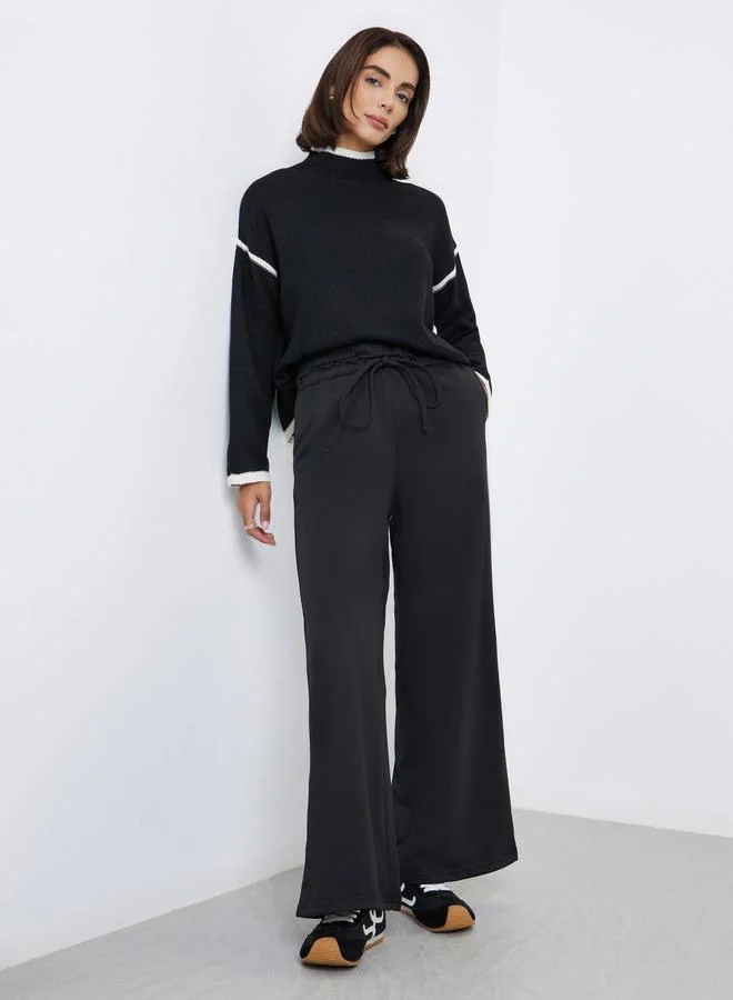 Black Wide Leg Joggers with Tie Detail