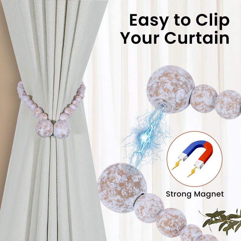KLOGTSIND Magnetic Curtain Tiebacks, Curtain Tie Backs for Curtains 2 Pack, Wood Bead Curtain Tiebacks, Curtain Holders for Boho Bedroom Decor, Baby Nursery Decor, Farmhouse Decor - Image 2