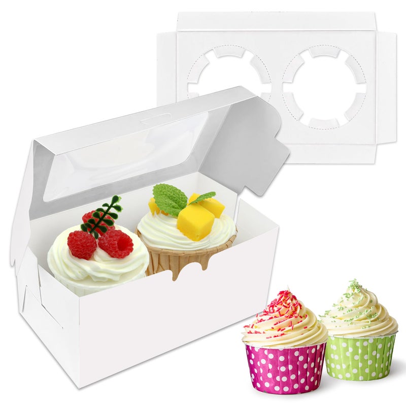 MUMULULU 10 PCS White Paper Cupcake Boxes with 2 Cavity Cookie Gift Boxes with Clear Window 2 Treat Holder Cupcake Containers Bakery Cake Box for Birthday Party Bakery Supplies