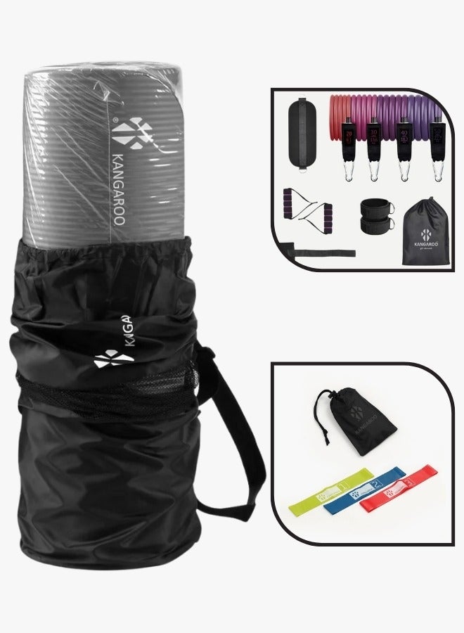 كانجرو مجموعة فرشة التمارين سمك 15 ملم لون رصاصي مع حبال المقاومة الشاملة و رباط مطاط المقاومة