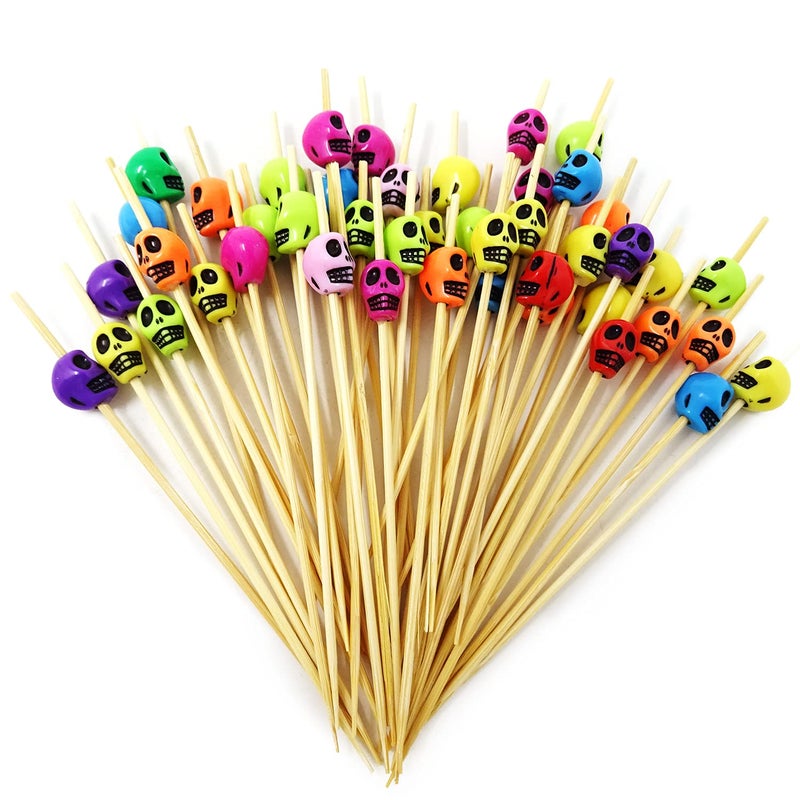 Honbay 100PCS Bamboo Skull Cocktail Picks Toothpicks Cocktail Fruit Sticks Sandwich Appetizer Skewers for Wedding Birthday Party Decorations Multicolor Skulls 47