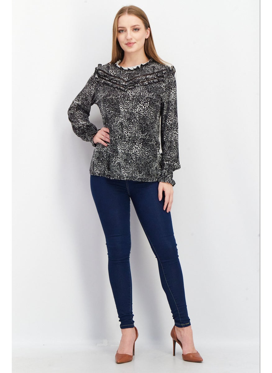 EDC Women Ruffle Collar Long Sleeves Allover Print Blouse, Black  - Image 3