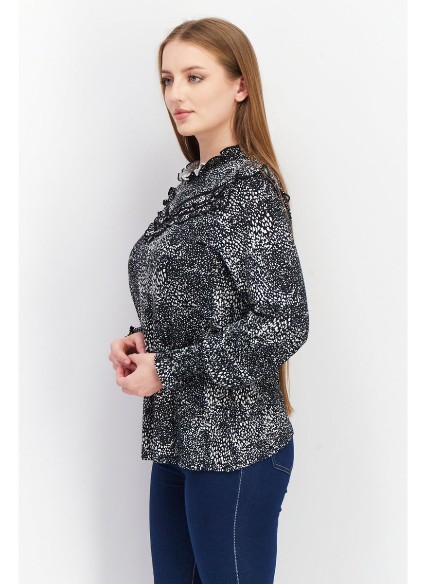 EDC Women Ruffle Collar Long Sleeves Allover Print Blouse, Black  - Image 2