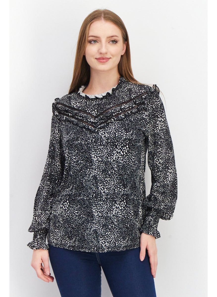 EDC Women Ruffle Collar Long Sleeves Allover Print Blouse, Black  - Image 1