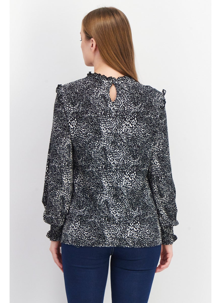 EDC Women Ruffle Collar Long Sleeves Allover Print Blouse, Black  - Image 4