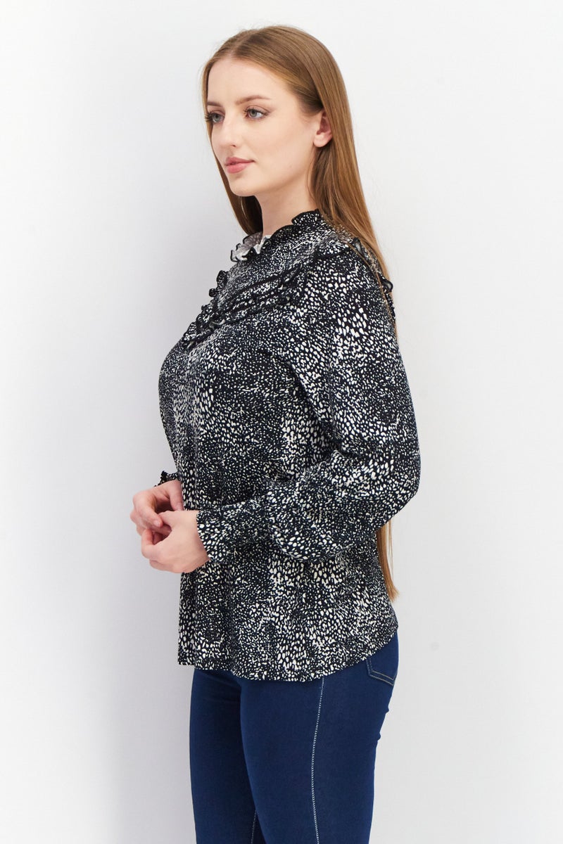 EDC Women Ruffle Collar Long Sleeves Allover Print Blouse, Black - Image 2