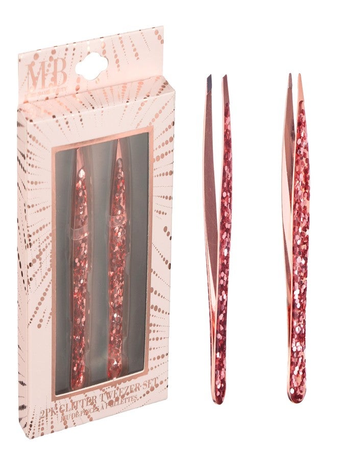 Expressions 2pc Glitter Tweezer Set in Rose Gold - Pointed For Fine Ingrown Hair & Slanted For Precision Grooming | Pack of 2 Tweezers For Women, Everyday Hair Tweezers For Plucking - Image 1