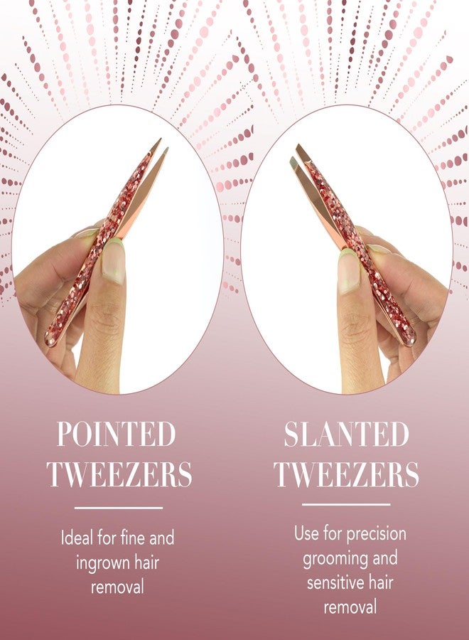 Expressions 2pc Glitter Tweezer Set in Rose Gold - Pointed For Fine Ingrown Hair & Slanted For Precision Grooming | Pack of 2 Tweezers For Women, Everyday Hair Tweezers For Plucking - Image 3