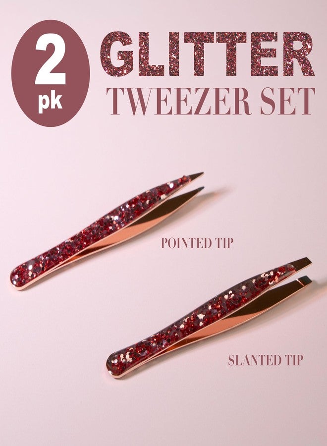 Expressions 2pc Glitter Tweezer Set in Rose Gold - Pointed For Fine Ingrown Hair & Slanted For Precision Grooming | Pack of 2 Tweezers For Women, Everyday Hair Tweezers For Plucking - Image 2