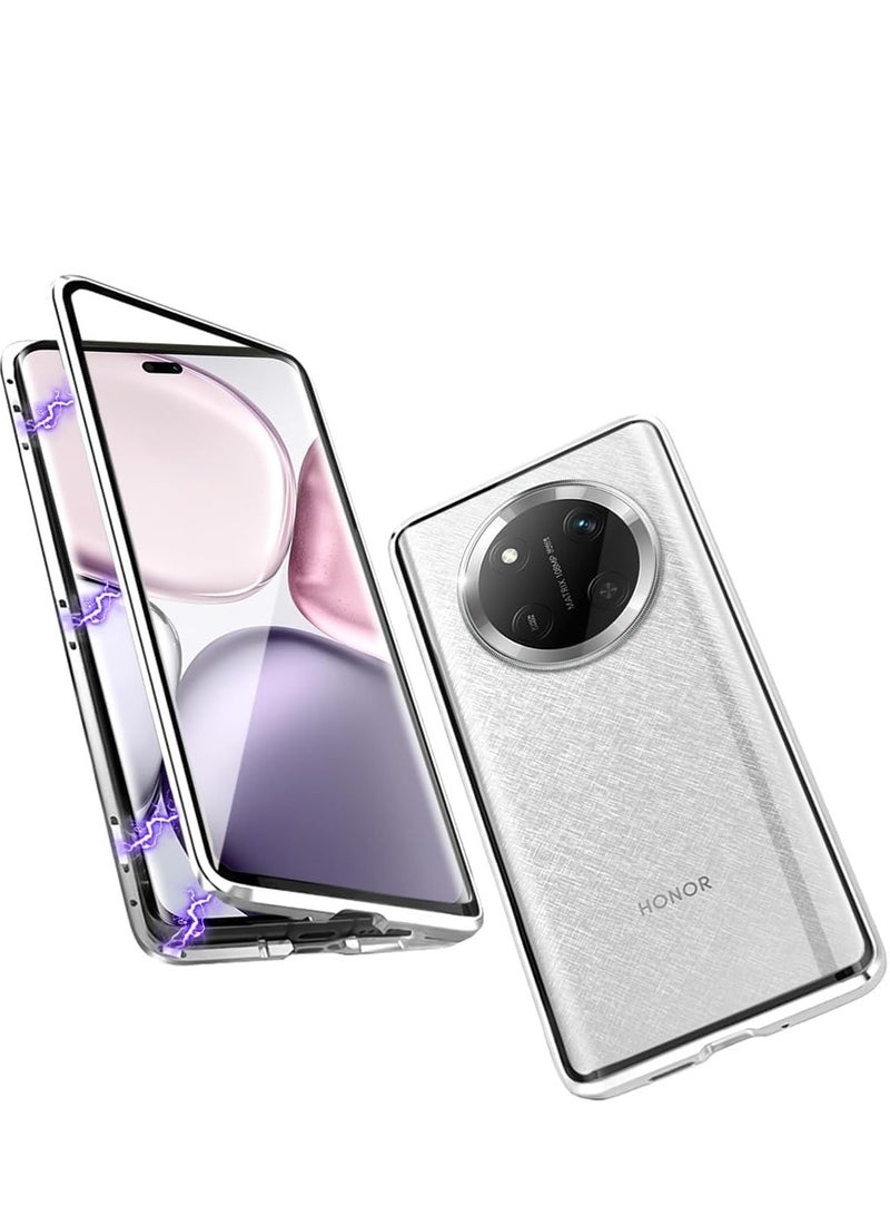 حافظة متوافقة مع هونور إكس 9 سي 5 جي/هونور إكس 60 برو ، هيكل معدني مغناطيسي على الوجهين غطاء زجاجي مقسى شفاف مع حماية الكاميرا