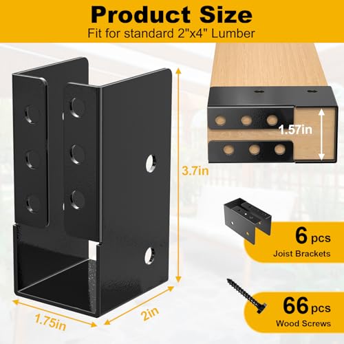 FMhotu Concealed Joist Hanger (6 Pack), 2"x4" Outdoor Concealed-Flange Joist Bracket with Screws, Q235B Steel Powder Coated Concealed Mount Light Joist Hangers for 2"x4" Beam, Swing, Handrail, Fence - Image 3