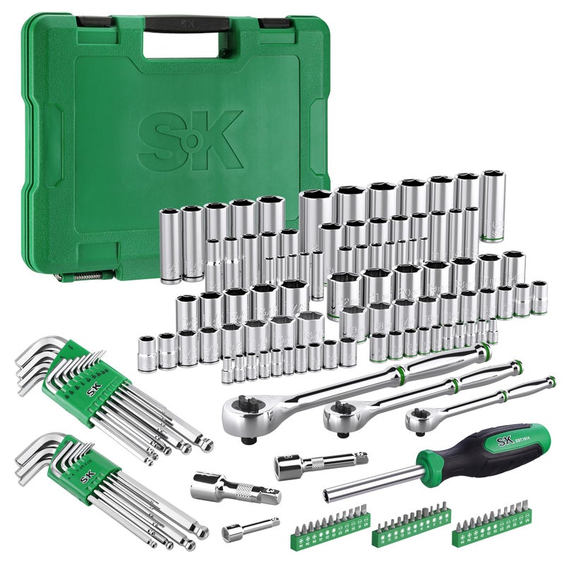 SK Mechanics Tool Set 14 38 12 Drive Socket with 216P Ratchet 149Piece SAE Metric SuperKrome Finish with Storage Suitcase
