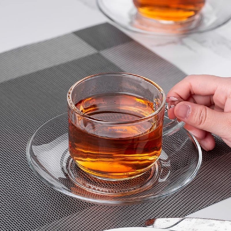 SYANKA Premium Glass Tea Cup and Saucer Set of 6 6 Cups and 6 Saucers 210 ML Transparent Cups and Saucer Set for Coffee Tea Green Tea Herbal Tea Lemon Tea - Image 3