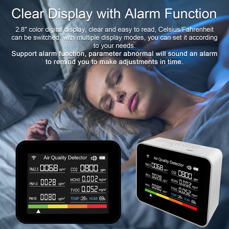 Air Quality Monitor: 13-In-1 Multifunctional Black Device - Tuya App Control Clear 2.8" Color Display With Alarm Function Portable CO2 Detector for Home Office School Warehouse Agricultural Planting - Image 5