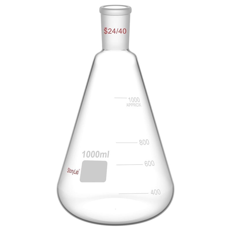 stonylab Glass 24/40 Erlenmeyer Flask, Borosilicate Glass Heavy Wall Flask with 24/40 Standard Taper Outer Joint - 1L - Image 1
