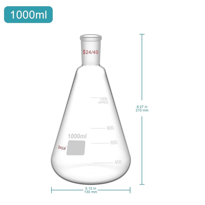 stonylab Glass 24/40 Erlenmeyer Flask, Borosilicate Glass Heavy Wall Flask with 24/40 Standard Taper Outer Joint - 1L - Image 2