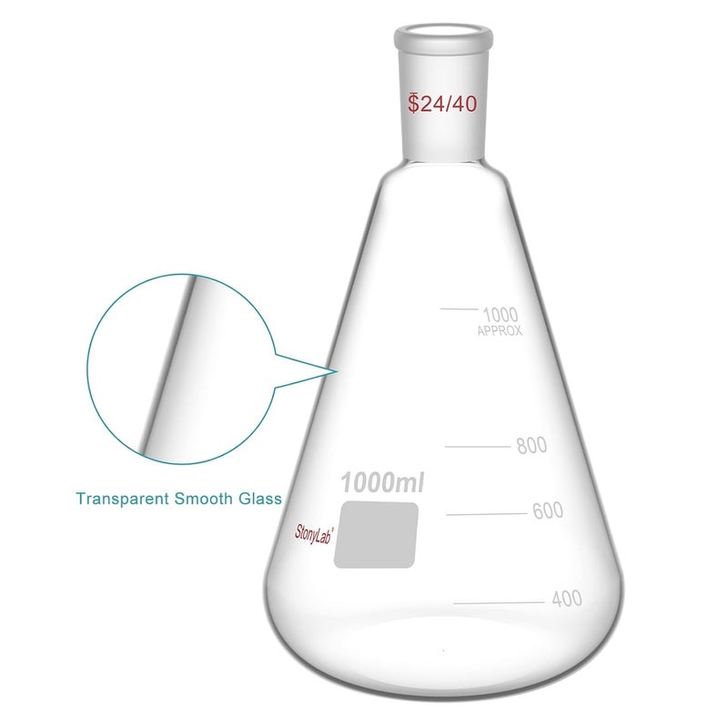 stonylab Glass 24/40 Erlenmeyer Flask, Borosilicate Glass Heavy Wall Flask with 24/40 Standard Taper Outer Joint - 1L - Image 3