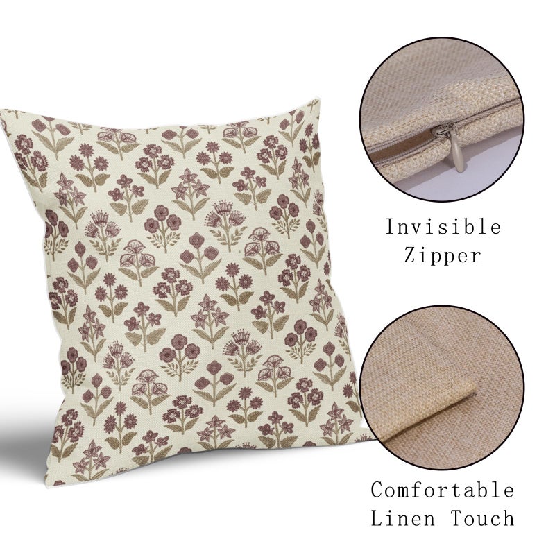 Sivirary Brown Burgundy Red Floral Block Print Pillow Covers 18x18 Inch Set of 2, Vintage Flower Pattern Decorative Throw Pillowcases Outdoor Farmhouse Cushion Covers Spring Summer Rustic Sofa Couch Bed Decor - Image 4