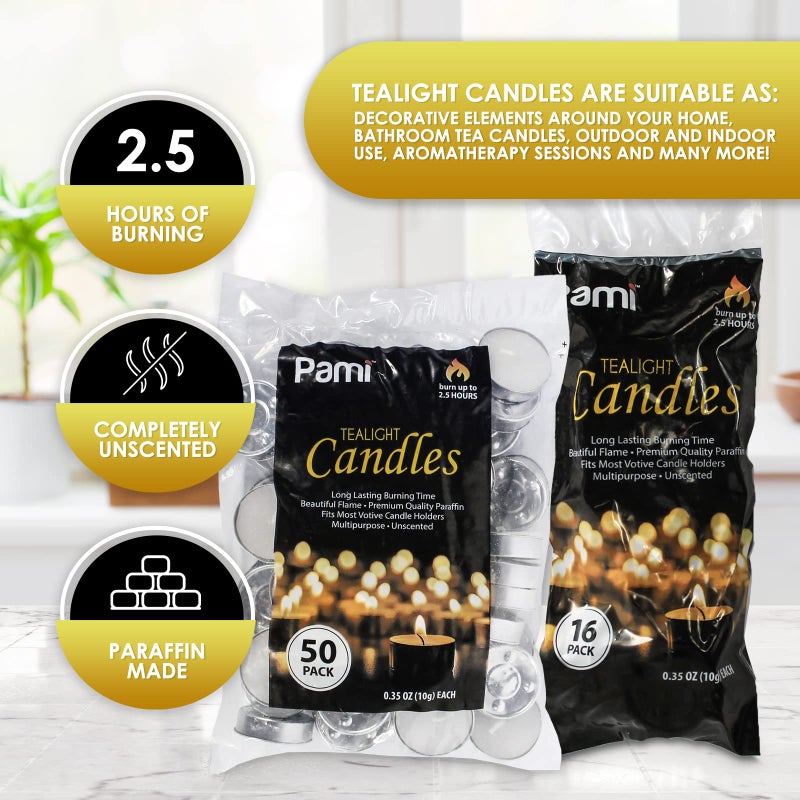 PAMI Unscented Paraffin 1in Tea Lights, Small Round Candles, 2.5 Hours Burn Time, Perfect for Votive Holders (50-Piece Bag White) - Image 4