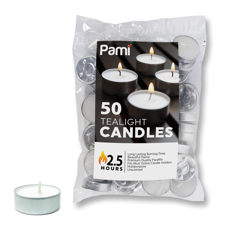 PAMI Unscented Paraffin 1in Tea Lights, Small Round Candles, 2.5 Hours Burn Time, Perfect for Votive Holders (50-Piece Bag White) - Image 1