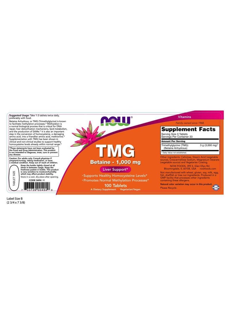 now TMG Trimethylglycine 1000mg 100 Tabs - Image 2