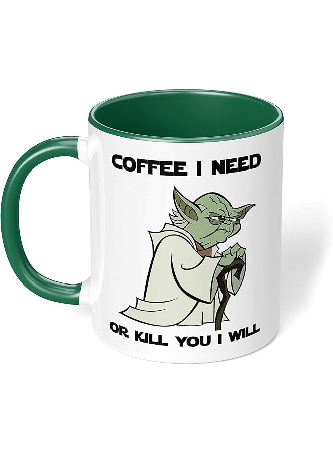 1 Mug - "Star Wars Yoda" Funny Quote - Perfect for your cuppa Coffee, Tea, Karak, Milk, Cocoa or whatever Hot or Cold Beverage you Drink! - 11 Oz - Green Handle & Inside Colour