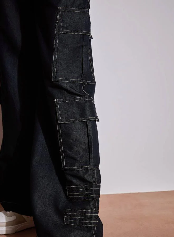 SASSAFRAS SASSAFRAS Mid Rise Contrast Stitch Detail Cargo Pants