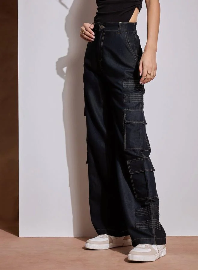 SASSAFRAS SASSAFRAS Mid Rise Contrast Stitch Detail Cargo Pants