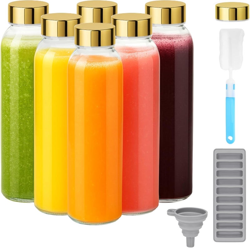 Zukro Glass Water Bottles with Lids 18 oz, Reusable Juice Bottles for Juicing, Leak Proof Juice Storage Containers for Fridge, Clear Drinking Jars With Stainless Steel Caps, BPA Free, Set of 6 Gold - Image 1
