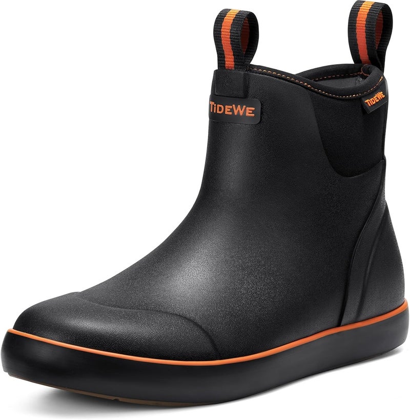 TIDEWE Deck Boots for Men, Waterproof Fishing Boots, Slip On Neoprene Rubber Ankle Rain Boots for Boating (Black Orange, Light Grey & Grey Brown, Size 7-14) - Image 1