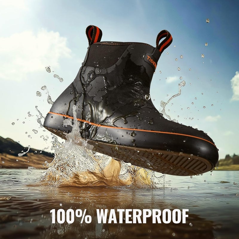 TIDEWE Deck Boots for Men, Waterproof Fishing Boots, Slip On Neoprene Rubber Ankle Rain Boots for Boating (Black Orange, Light Grey & Grey Brown, Size 7-14) - Image 2
