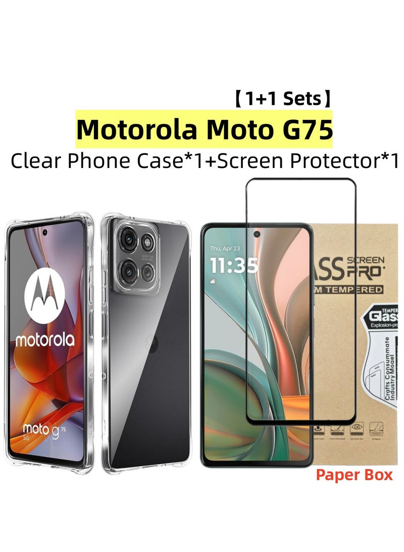 [1+1 Sets] For Motorola Moto G75 Case & Screen Protector Crystal Clear Ultra Slim Anti Scratch Shockproof Protective TPU Back Cover with Tempered Glass Screen Protector - Image 1
