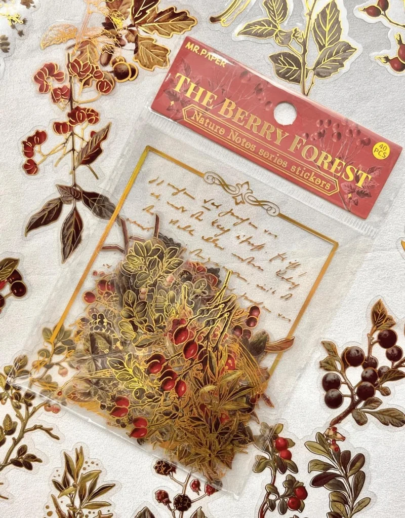 كاغيت جيمي دوكان Paper Gemi Dükkan Nature Notes Series The Berry Forest 40 Pieces Gold Gilded Transparent Pet Sticker / Bullet Journal