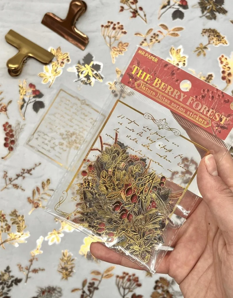 كاغيت جيمي دوكان Paper Gemi Dükkan Nature Notes Series The Berry Forest 40 Pieces Gold Gilded Transparent Pet Sticker / Bullet Journal