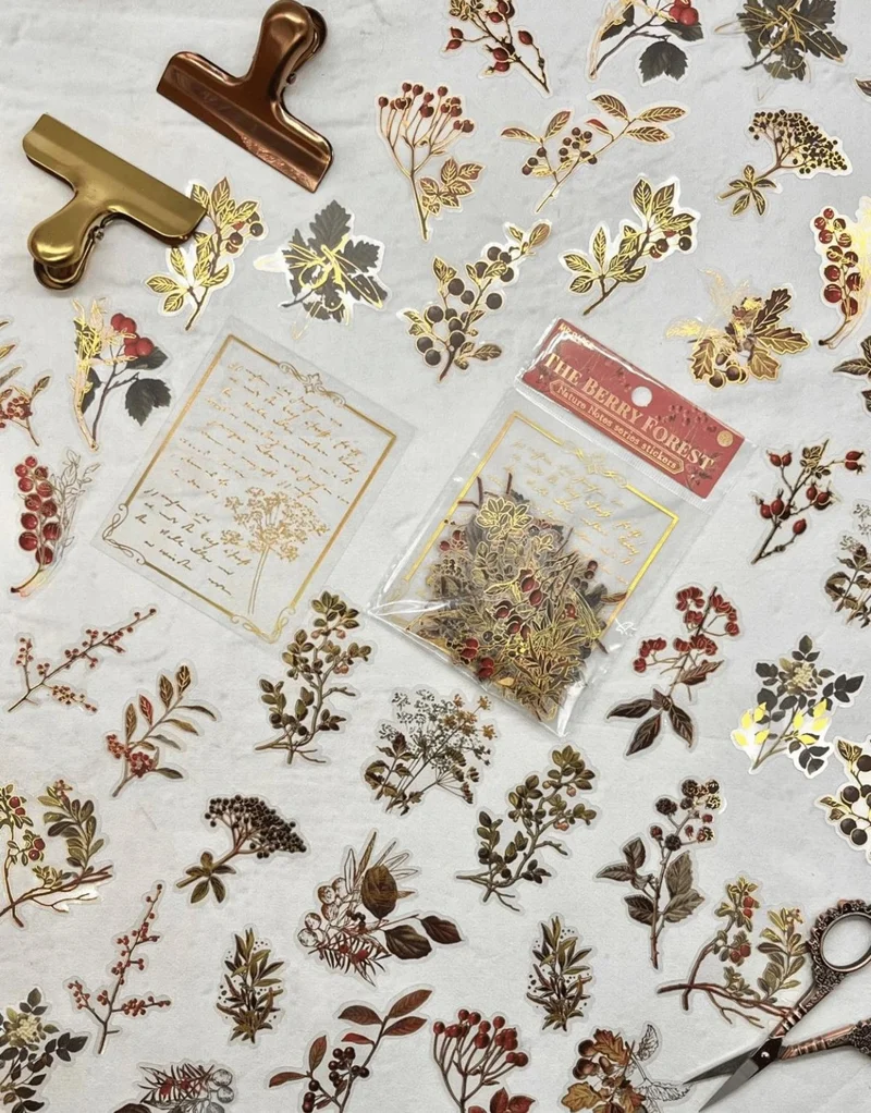 كاغيت جيمي دوكان Paper Gemi Dükkan Nature Notes Series The Berry Forest 40 Pieces Gold Gilded Transparent Pet Sticker / Bullet Journal