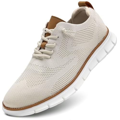 Kvovzo Men's Casual Dress Shoes Fashion Walking Sneakers Mesh Business Oxfords Work Lightweight Soft Sole Beige - Image 1