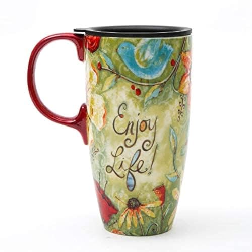 DUSVALLY Ceramic Mug Tall Coffee Cup with Lid, Porcelain Tea Cup with Handle for Latte, Cappuccino and Cocoa, Home and Office Coffee Cups, Art Pattern in Color Box, 17 oz, Enjoy Life - Image 1
