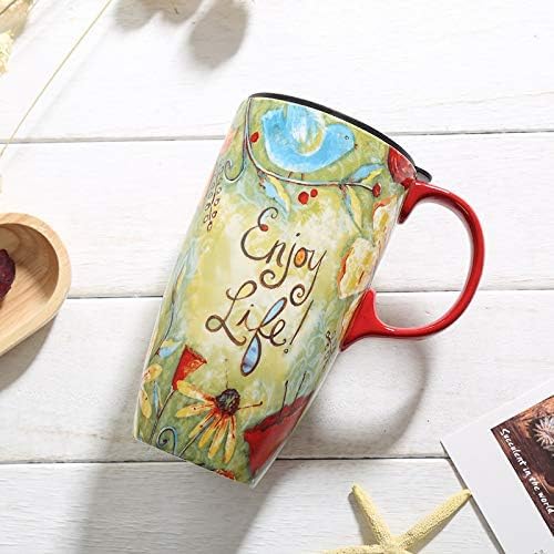 DUSVALLY Ceramic Mug Tall Coffee Cup with Lid, Porcelain Tea Cup with Handle for Latte, Cappuccino and Cocoa, Home and Office Coffee Cups, Art Pattern in Color Box, 17 oz, Enjoy Life - Image 2