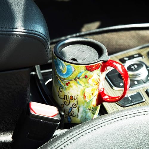 DUSVALLY Ceramic Mug Tall Coffee Cup with Lid, Porcelain Tea Cup with Handle for Latte, Cappuccino and Cocoa, Home and Office Coffee Cups, Art Pattern in Color Box, 17 oz, Enjoy Life - Image 4