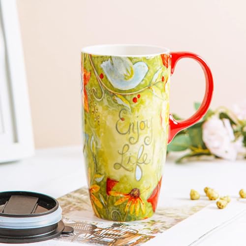 DUSVALLY Ceramic Mug Tall Coffee Cup with Lid, Porcelain Tea Cup with Handle for Latte, Cappuccino and Cocoa, Home and Office Coffee Cups, Art Pattern in Color Box, 17 oz, Enjoy Life - Image 5