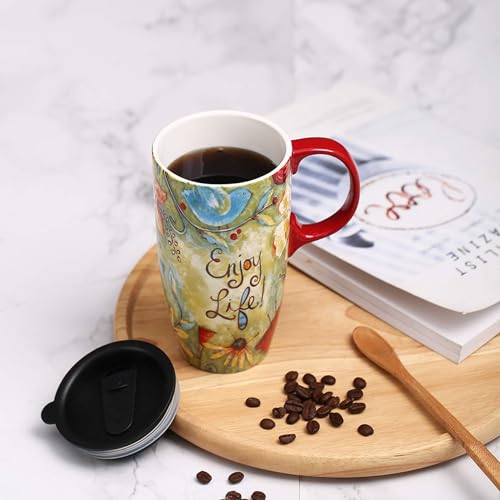DUSVALLY Ceramic Mug Tall Coffee Cup with Lid, Porcelain Tea Cup with Handle for Latte, Cappuccino and Cocoa, Home and Office Coffee Cups, Art Pattern in Color Box, 17 oz, Enjoy Life - Image 3
