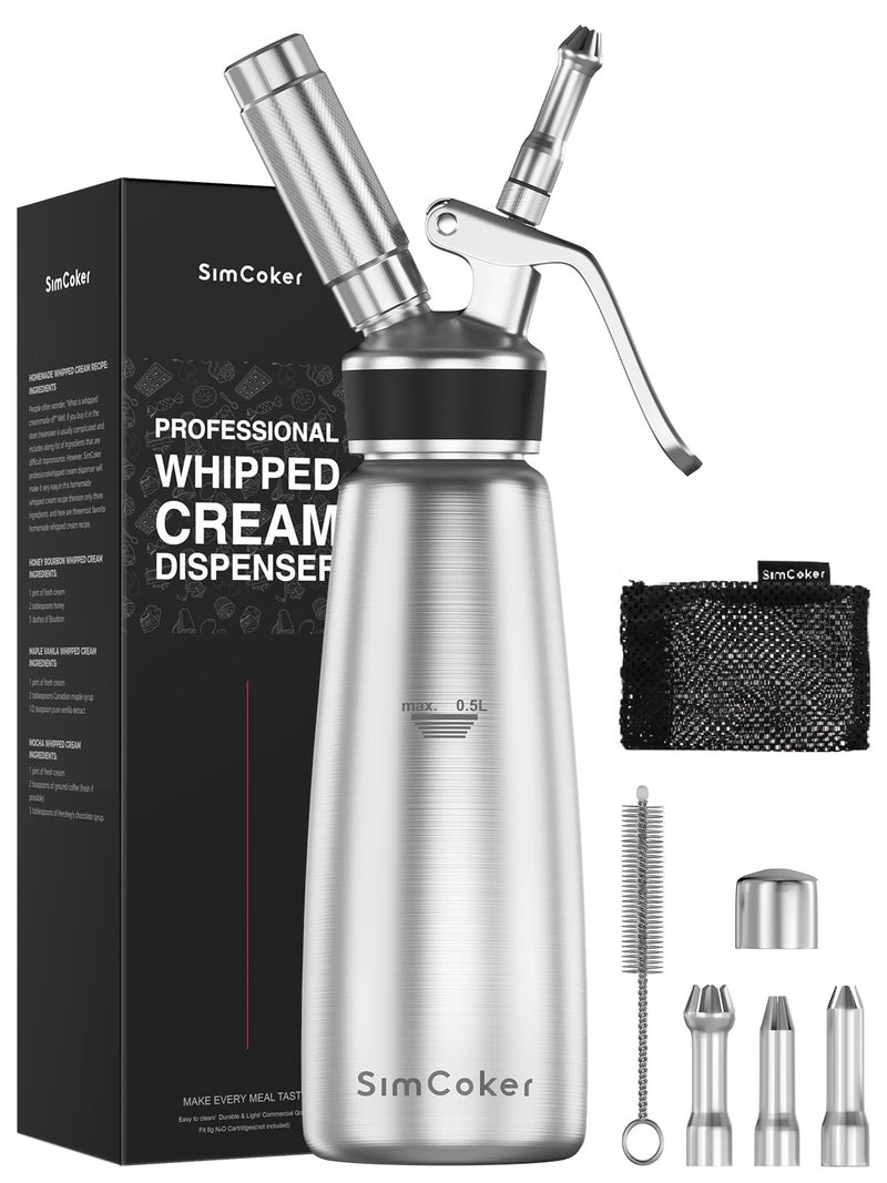 SimCoker Professional Stainless Steel Whipped Cream Dispenser â€“ 500 mL / 1 Pint, Includes 3 Decorating Nozzles, Cleaning Brush & Storage Bag â€“ Ideal for Desserts, Coffee & Pastries (Nâ‚‚O Chargers Not Included) - Image 1